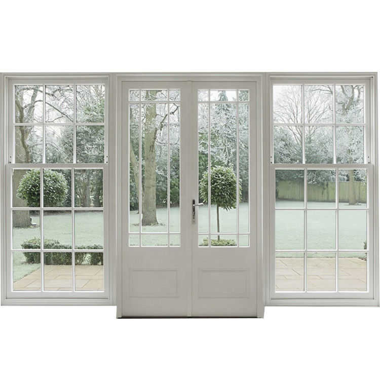 Porta de entrada de vidro duplo em PVC e UPVC de jardim moderno em cor de madeira natural com materiais